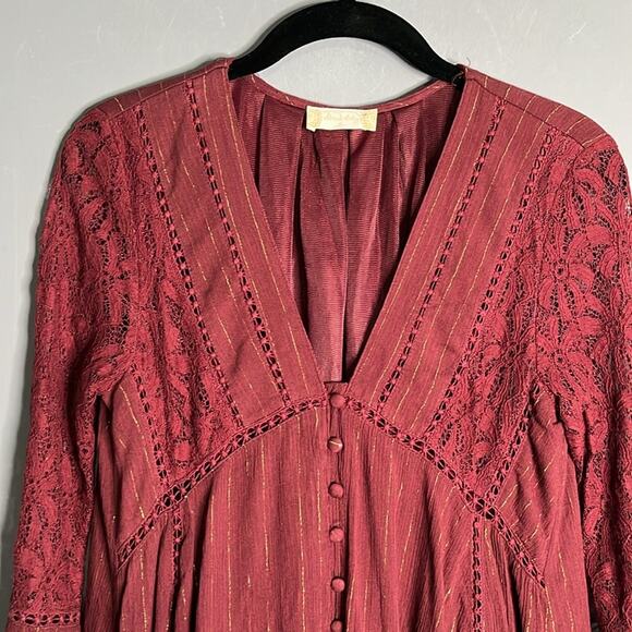 Altar’d State Maroon Dress With Gold Metallic Stripes Long Bell Sleeves Size Sm - Picture 3 of 10
